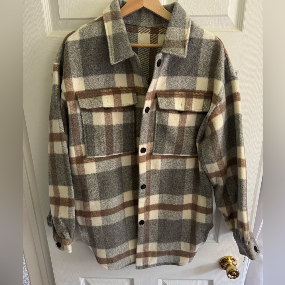 Plaid Button-Up Jacket - Gray and Brown